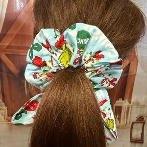 Dr. Seuss Grinch Print Scrunchie with Tail. Handmade